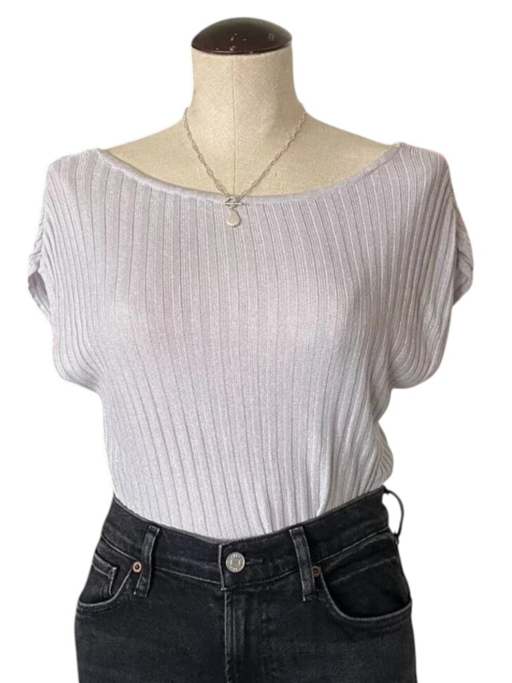 WHBM Metallic Silver Knit/Ribbed Top - Boatneck, Cap Sleeves - Size XS